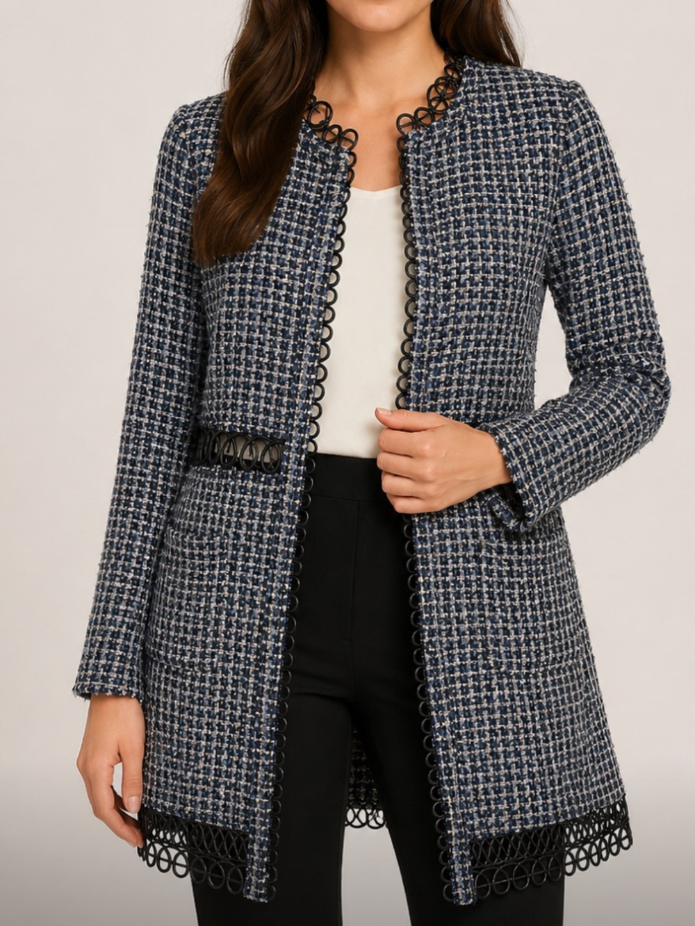 Elie tahari blue tweed tailored coat loop trim ribbon cutout sz XS workwear